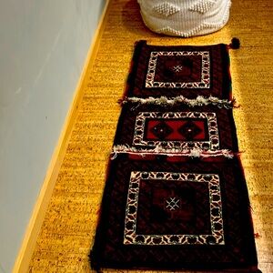 Authentic Vintage Turkish saddlebag rug made of wool woven in red, white & black
